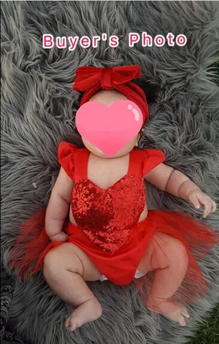 Vista 2 de Muasaaluxi Mameluco de San Valentín para niñas recién nacidas, vestido de tutú con manga volada, corazón y lentejuelas, traje de verano 0-3 años