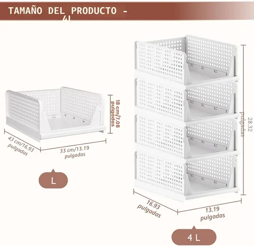 Vista 3 de Paquete de 4 cajas de almacenamiento plegables para armario, contenedores de almacenamiento apilables, cesta de cajón de plástico para armario