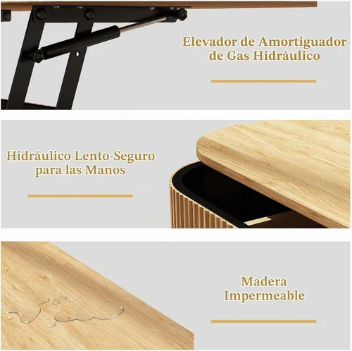 Vista 7 de Mesa de centro acanalada con tapa elevable y almacenamiento oculto, mesa de centro ovalada con tapa elevable, diseño moderno de mediados de siglo