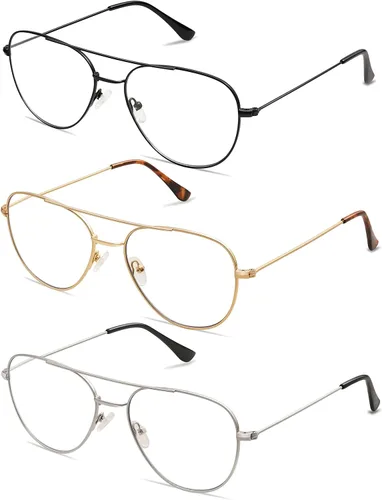 Vista 4 de Paquete de 3 lentes de lectura retro estilo aviador para hombres y mujeres, diseño cuadrado de moda, bloqueo de luz azul, para lectura
