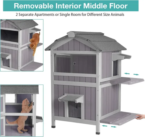 Vista 3 de Suumerpety Casa aislada para gatos al aire libre, refugio de madera resistente a la intemperie para gatos con forro, recintos para gatitos, casa