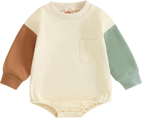 Vista 29 de Mameluco de manga larga con bloques de color para bebé, niño, niña, con bolsillo, cuello redondo, sudadera básica para otoño e invierno