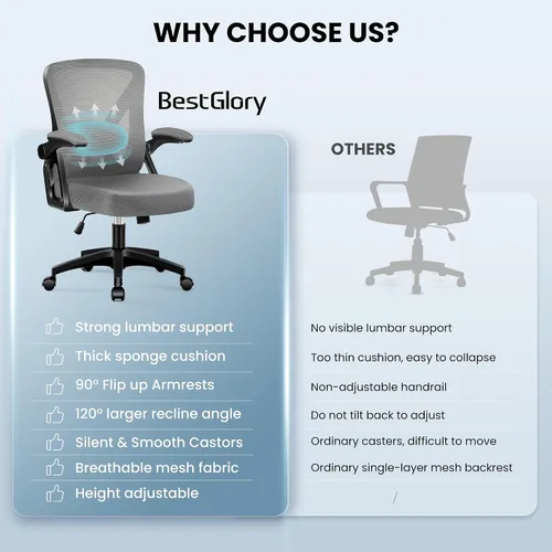 Vista 7 de Silla de oficina, sillas ergonómicas de escritorio para computadora, cómoda silla de malla transpirable con soporte lumbar ajustable y brazos Gris