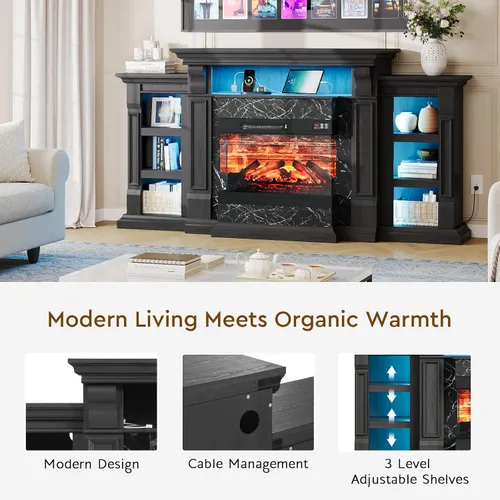 Vista 7 de LGHM Soporte de TV con chimenea eléctrica LED con tomacorriente, mantel de chimenea de 72 pulgadas para televisores de hasta 80 pulgadas, moderno