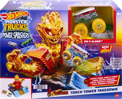 Vista 6 de Hot Wheels Monster Trucks - Juego de juguete de camiones de bomberos, escala 1:64, 5 alarmas, batallas con el monstruo de fuego para una revelación