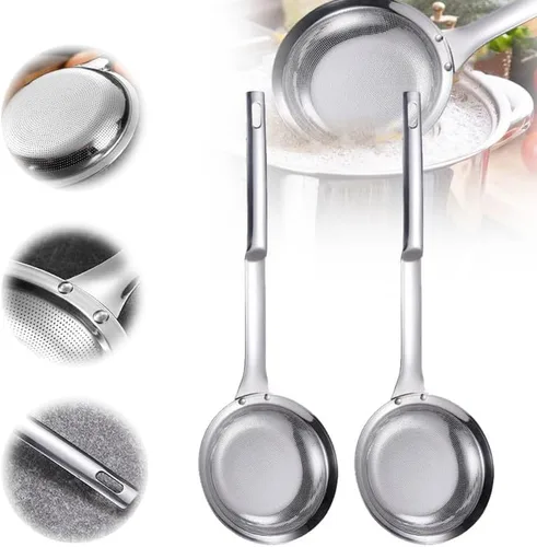 Vista 10 de Colador de acero inoxidable de malla fina, colador de malla fina de acero inoxidable mejorado 2024, colador de alimentos de mango largo para cocina