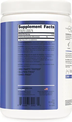 Vista 4 de Monohidrato de creatina tipo cero polvo (17.64 oz) Frambuesa azul, sin gluten Monohidrato de creatina micronizada, libre de OMG, apto para dieta