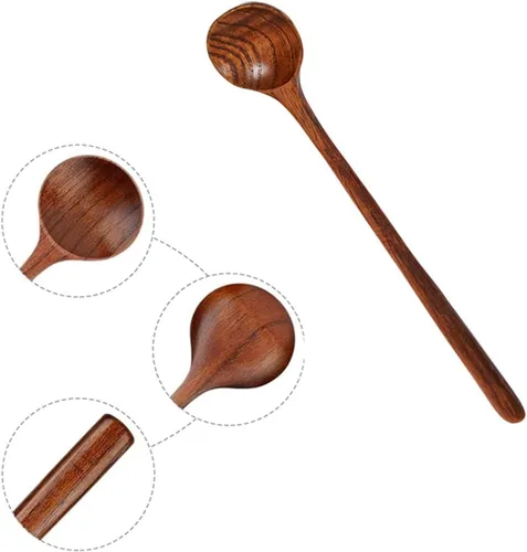 Vista 4 de 2 cucharas largas de madera para sopa, cucharas redondas de mango largo, estilo coreano, cucharas de café de madera para sopa, cocina, mezcla
