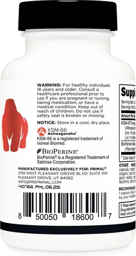 Vista 3 de Primal KSM-66 Ashwagandha Complex (60 cápsulas/60 porciones, 600 mg por porción) – Ashwagandha KSM-66 con extracto de pimienta negra, sin gluten