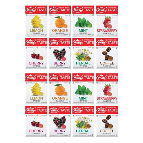 Vista 16 de Vitalp Sabor, Hecho en Suiza, Caramelo Sin Azúcar con Stevia, Vegano, Sabor a Cereza, Paquetes de 25g/0.88 Onzas, 16 Cajas