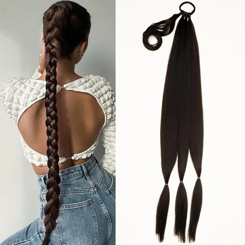 Vista 14 de Extensión de cola de caballo de trenza larga con lazo elástico, 1 unidad, extensiones de cabello sintético lacio y elegante envolvente para mujer