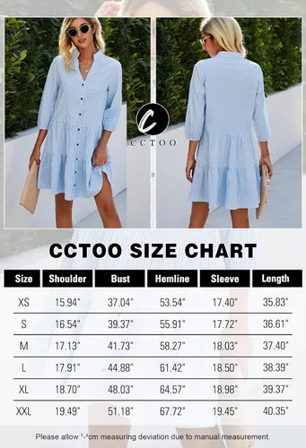 Vista 6 de CCTOO - Vestido de verano para mujer - Vestido camisero informal con cuello en V, manga 34y botones, estampado floral, suelto y fluido