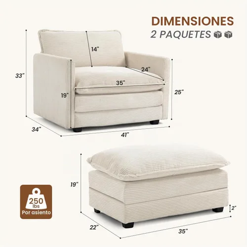 Vista 2 de ROWHY Sillón individual con otomano, sofá moderno de corduroy en forma de nube con chaise convertible, sofá tapizado para sala de estar, beige