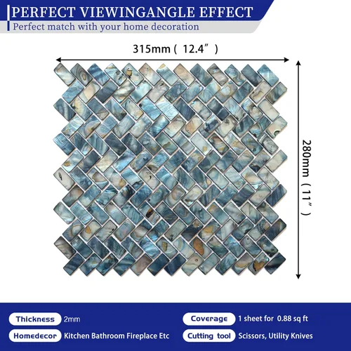 Vista 2 de MOP Mosaico de Azulejo de Concha de Nácar en Espiga para Salpicadero, se usan para Salpicaderos de Cocina y Azulejos de Pared de Baño, Azul Oscuro 1