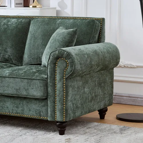 Vista 8 de Juego de sofá moderno y sofá biplaza Chesterfield de chenilla de lujo, cómodo juego de sofá tapizado con asiento profundo con reposabrazos Verde