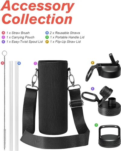 Vista 7 de Coolflask Botella de agua de 20 onzas aislada con pajilla, 3 tapas de metal de acero inoxidable, botella de agua de boca ancha para deportes u