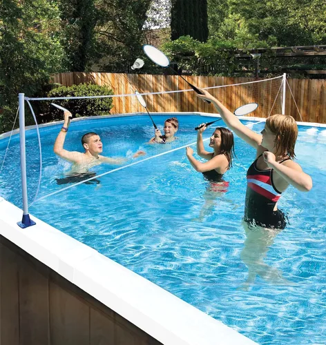 Vista 3 de Poolmaster 72776 Juego de voleibol/bádminton montado sobre el suelo junto a la piscina con soportes permanentes, color blanco