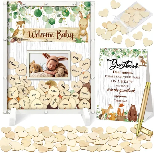 Vista 9 de Beeveer 65 piezas de libro de invitados para baby shower, libro de invitados azul para baby shower, libro de invitados con marco de fotos y 60 chips