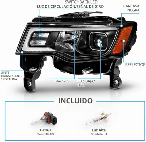 Vista 4 de AmeriLite - Conjunto de faros delanteros de repuesto para Jeep Grand Cherokee Switchback 2017-2022, faros de proyector cuadrados LED, negro, lado