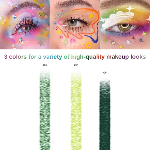 Vista 4 de Juego de 3 lápices delineadores de ojos coloridos, lápiz de sombra de ojos, kit de delineador de ojos perlado metálico con purpurina para mujeres