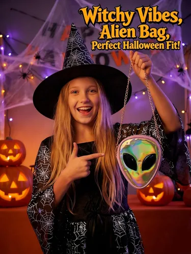 Vista 3 de Bolso cruzado holográfico con patrón alienígena con purpurina y correa de cadena para niños, adolescentes, niñas y mujeres