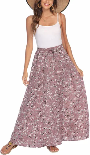 Vista 3 de Bluetime - Faldas largas fluidas para mujer, de verano y playa, plisadas, elásticas, de cintura alta, casuales, maxi