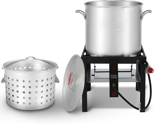 Vista 11 de Feasto Olla para hervir mariscos de 60 cuartos de galón con cesta y quemador, kit de olla y quemador de mariscos de aluminio con salida de 100,000