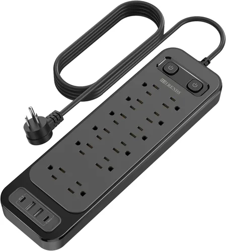 Vista 11 de HITRENDS - Regleta de alimentación con USB, cable de extensión de enchufe plano de 6 pies con 8 tomas, 3 puertos USB y 3 puertos tipo C (5V/3A)