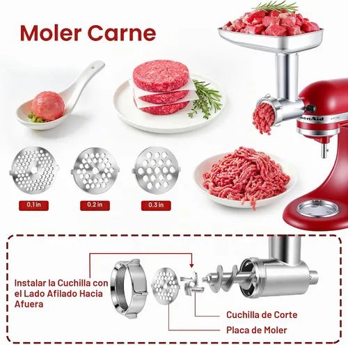 Vista 3 de KINGEAGLE - Accesorio para molinillo de alimentos para mezcladores KitchenAid, juego de accesorios para picadora de carne de acero inoxidable apto