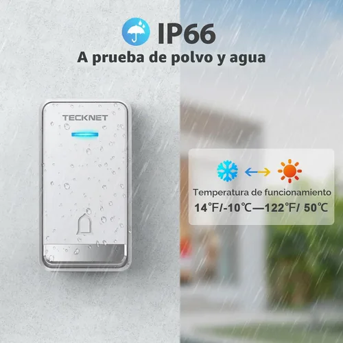 Vista 6 de TECKNET Timbre Inalámbrico, Timbre Autoalimentado, Timbre Inalámbrico de 0-110db con Enchufe para Casa y Aula, Timbre de Puerta Impermeable IP66