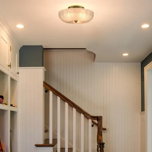 Vista 2 de DIRYZON Lámpara de techo semiempotrada de 12 pulgadas, luces de techo modernas, lámpara de techo de latón de 3 luces con vidrio esmerilado