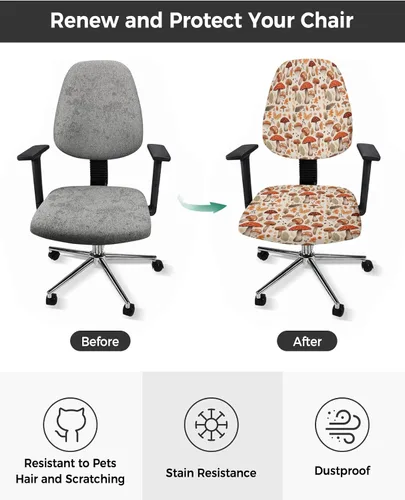 Vista 2 de Funda para silla de oficina, diseño de hongos, diseño de hojas de otoño, protector y elástico, universal, giratorio, 2 piezas, para silla