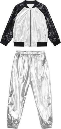 Vista 3 de TiaoBug Disfraz de baile de jazz hip hop para niños y niñas, brillante, metálico, manga larga, chaqueta bomber y pantalones deportivos