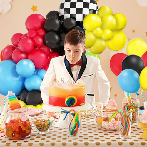 Vista 4 de Kit de guirnalda de arco de globos de auto de carreras, globo de aluminio a cuadros rojo, amarillo, azul, negro, decoración de fiesta de cumpleaños