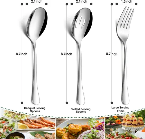Vista 2 de Herogo Juego de 6 utensilios de acero inoxidable para servir, incluye cucharas, cucharas ranuradas, tenedores, juego de anfitriona de metal
