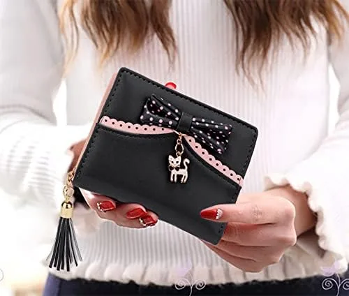 Vista 2 de UTO Cartera para niñas de piel sintética con colgante de gato con borla y cremallera, organizador de tarjetas para mujer, pequeño y lindo monedero