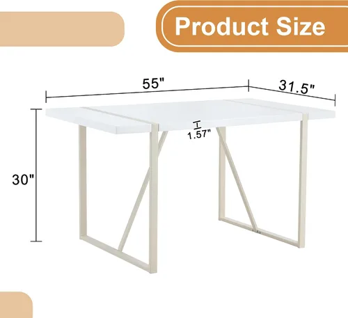 Vista 2 de Mesa de comedor rectangular industrial estilo crema para 4 6 personas con parte superior de 1.5 pulgadas de grosor y patas de metal blanco e