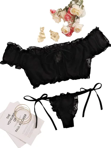 Vista 3 de SheIn Conjunto de lencería de malla Dobby con ribete de volantes para mujer
