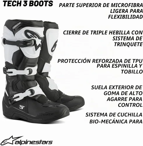 Vista 10 de Alpinestars Tech 3 - Botas de motocross para adulto, Negro/Blanco