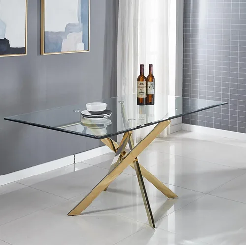 Vista 3 de Mesa de comedor moderna de vidrio de 51 pulgadas, mesa de cocina rectangular con mesa de vidrio templado de 0.39 pulgadas y patas de acero