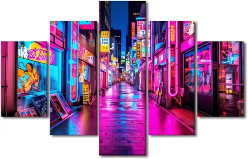 Vista 60 de Póster de 5 paneles en lienzo para decoración de pared, diseño de centro urbano Cyberpunk, impresión moderna, decoración de pared para el hogar