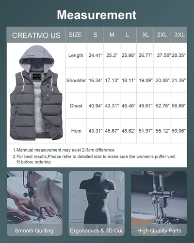 Vista 56 de CREATMO US Chaleco cálido para mujer, chaleco grueso acolchado sin mangas con capucha desmontable