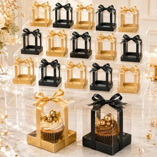 Vista 11 de Gerrii 100 Piezas Cajas Individuales de Plástico Transparente para Cupcakes de 3.5" Contenedores Individuales para Cupcakes Caja de Regalo de Dorado