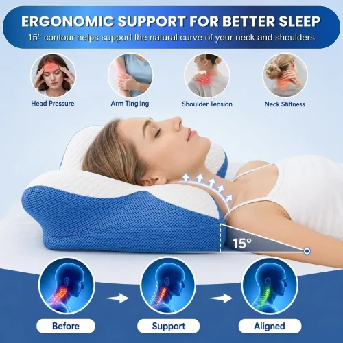 Vista 4 de Almohada cervical – Almohada ergonómica de contorno de espuma viscoelástica para aliviar el dolor de cuello, cuello y hombros – Ideal para dormir