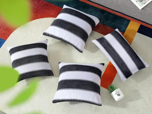 Vista 3 de AmHoo - Juego de 2 fundas de almohada decorativas para casa de campo, a rayas y a cuadros, juego de fundas de almohada de algodón y lino para sofá