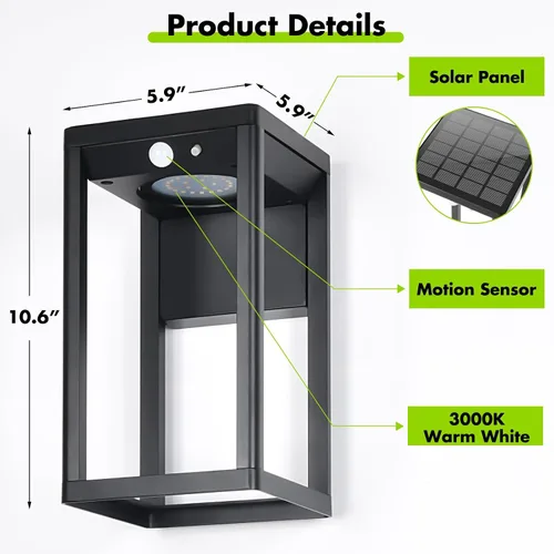 Vista 2 de Luz Solar de Pared para Exteriores con Sensor de Movimiento - Luces de Aplique Solar de Aluminio de 600 Lúmenes para Exteriores, Linterna de Pared
