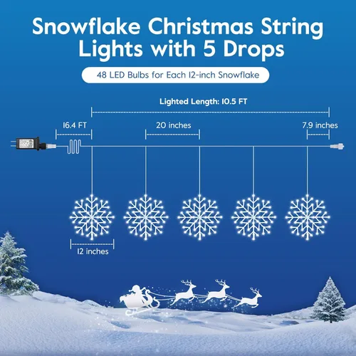 Vista 4 de Luces de Navidad Brightown estilo carámbano para exterior - Enchufe de 3.2 m, 5 gotas, 240 LED, luz de ventana con forma de copo de nieve con 8