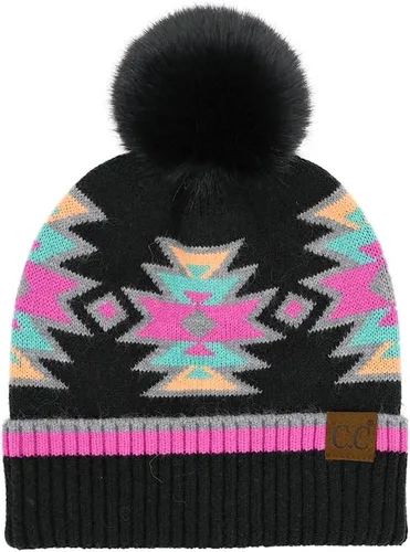 Vista 10 de C.C Southwest - Gorro de punto con pompón para mujer, unisex, elástico, suave, cálido, con piel sintética, gorro de invierno Azteca-negro
