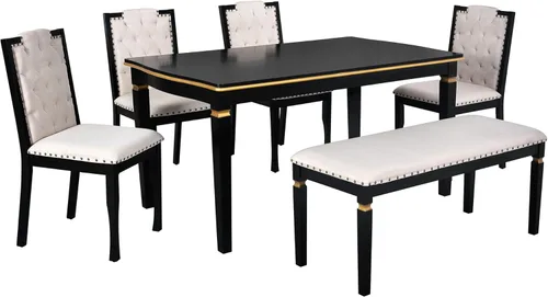 Vista 8 de Harper & Bright Designs Juego de 6 sillas de mesa de comedor de cocina, mesa rectangular de 60 pulgadas y 4 sillas copetudas de respaldo alto y 1