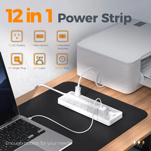 Vista 4 de TESSAN Regleta protectora de sobretensiones, 6 interruptores individuales y 12 tomas, cable de extensión de 6 pies con múltiples tomas, regleta
